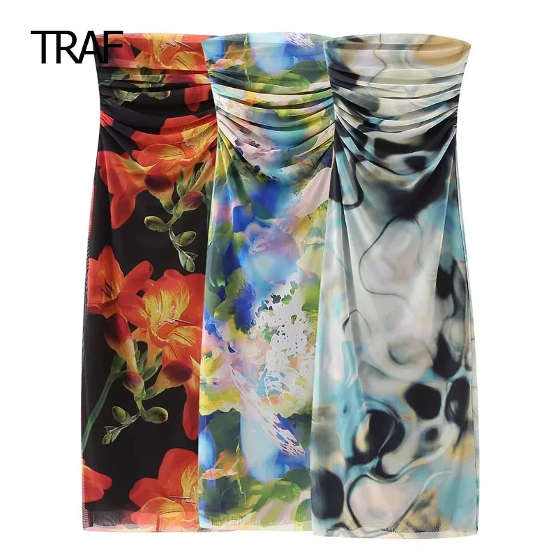

TRAF Ruffle Strapless Dress Women's Summer Dresses 2023 Tie Dye Knitted Bodycon Mesh Dress Chic And Elegant Evening Dress
