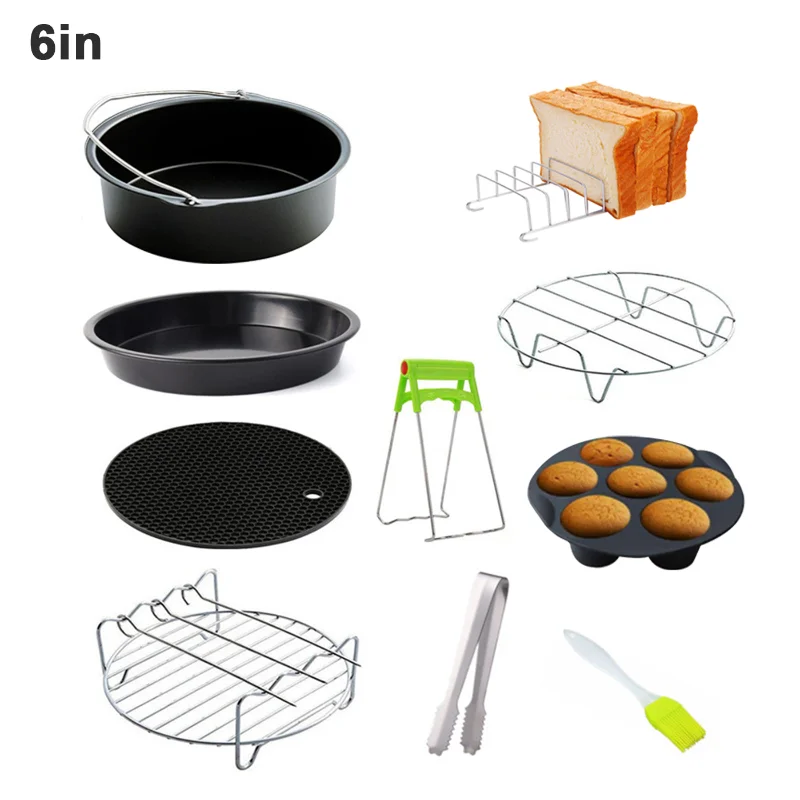 

10Pcs 6/7/8In Air Fryer Accessories Set Compatible All Airfryer Oven Cake Pizza Pan Metal Holder Skewer Bread Rack Cooking Tools