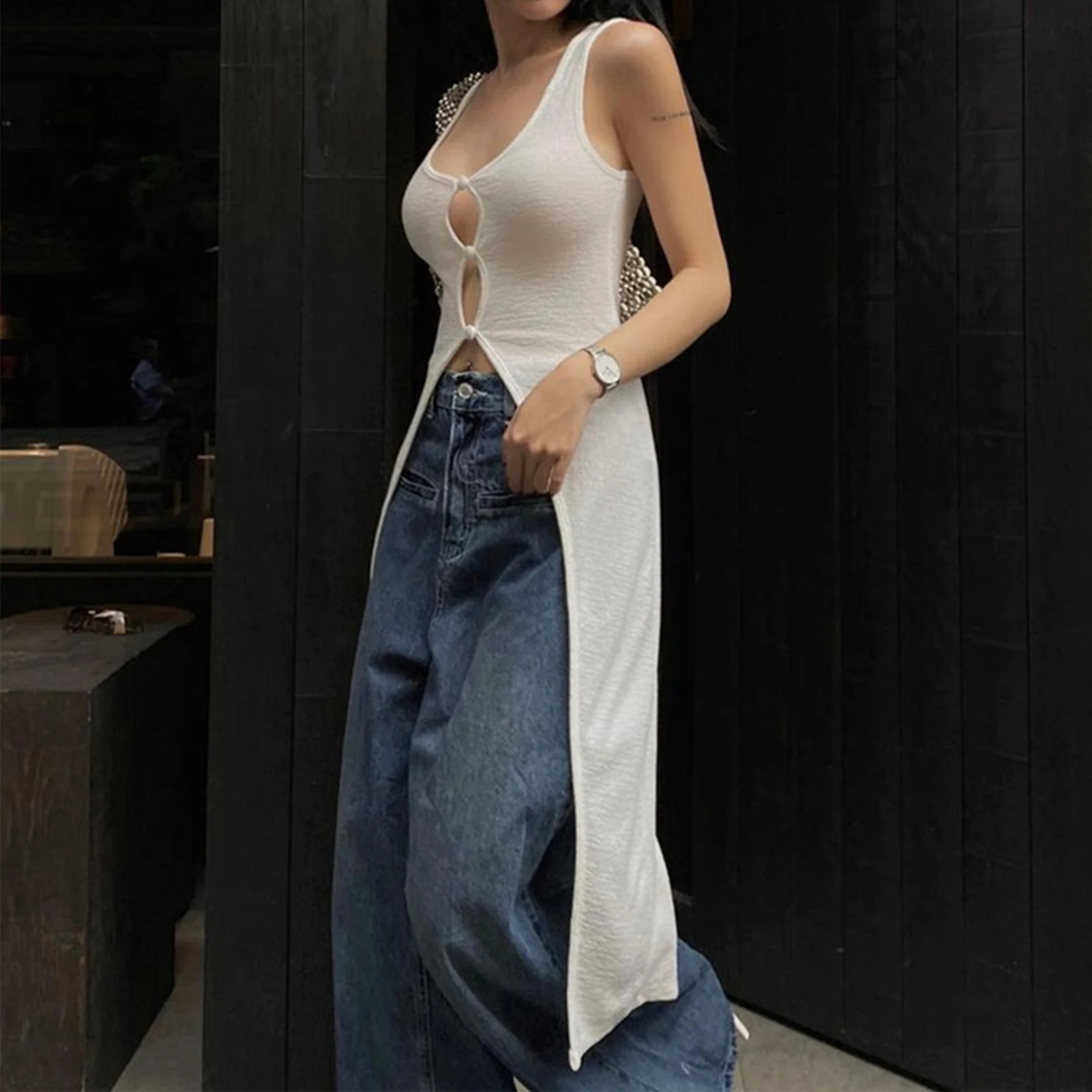 

U Neck Maxi Dress Y2K Style Front Hollow Slim Dress Breathable Soft Solid White Sling Dress for Travel Dating