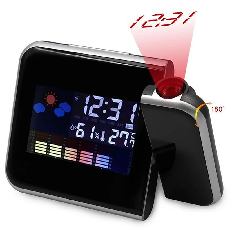 Digital Alarm Clock Wall Projection Weather LCD Screen Snooze Alarm Dual Laser Rotatable Clock Color Display Desk Watch