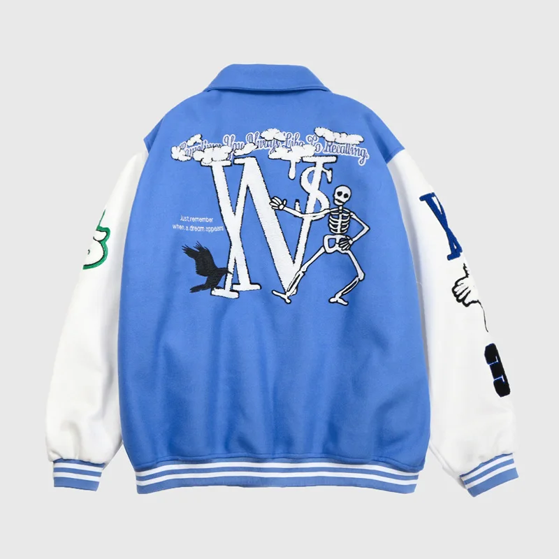 

Skeleton Flocking Baseball Jacket Men Women Blue Hip Hop Streetwear Patchwork Varsity Jackets Loose Bomber College Coats Unisex