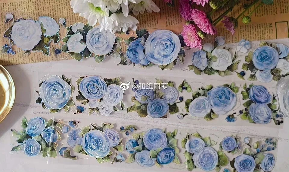 

Christmas Blue Rose Flower Laser Silver Adhesive Tape Shiny PET Tape