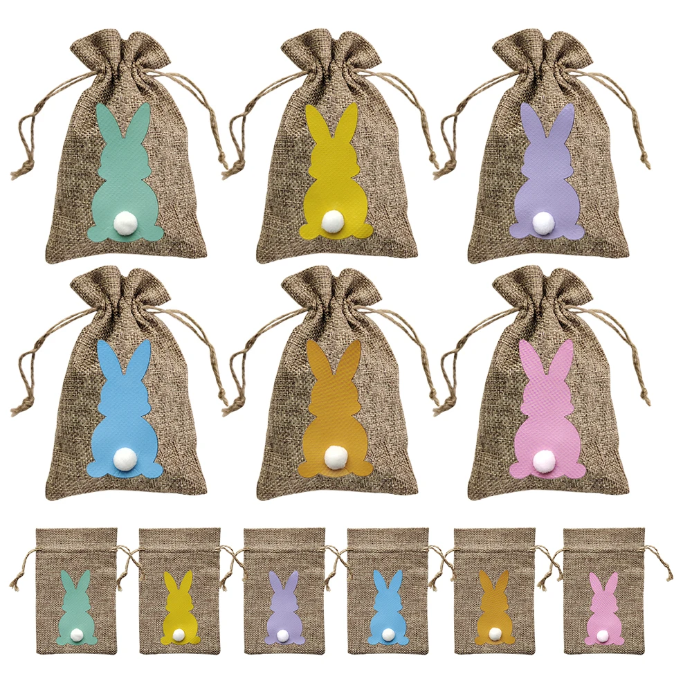 

12/6 Pack Easter Gift Bags Linen Drawstring Pocket Cute Bunny Easter Candy Cookie Bag Easter Bag Packaging Easter Decoration