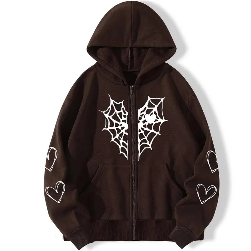 

Hoodie Dark Spider Web Print Goth Black Hoodies Sweatshirt Zipper Streetwear Oversized Jacket Men Women Y2k Pullover Interesting