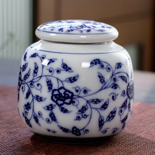 

Мини керамическая чайная банка сине-белая