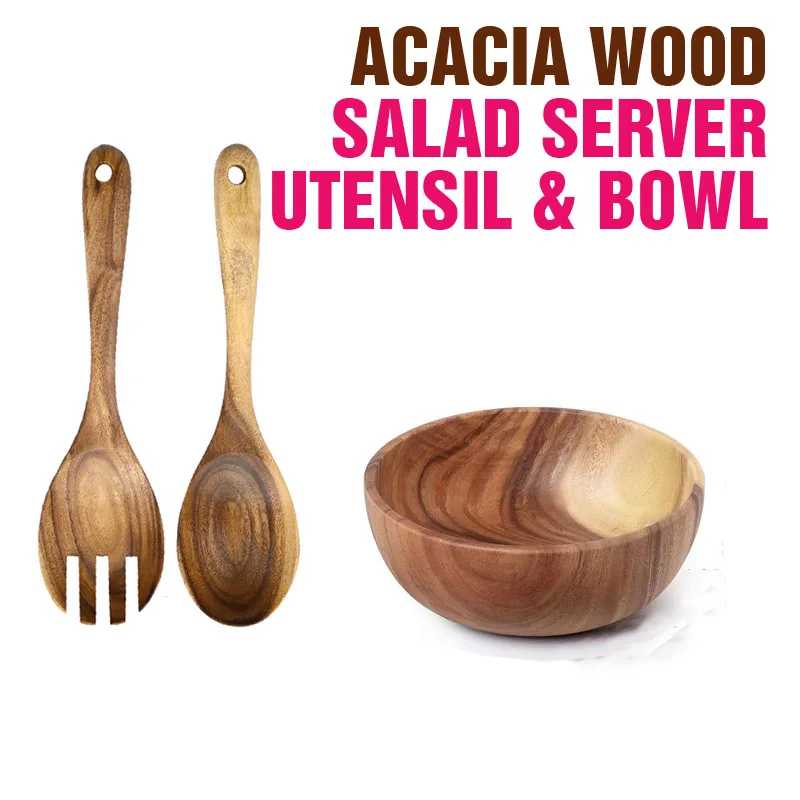 

Acacia Wood Salad Set Salad Server Utensil and Bowl High Quality Luxury Style Natural Solid Wood Heavy Duty Durable for Home Use