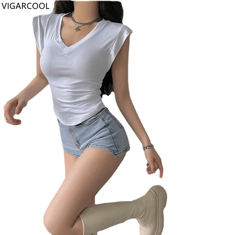 

Summer New Sexy V-neck Slim Fit Slim Folded Waist Curved Bottom Small Flying Sleeve T-shirt Fashion Versatile Solid Color Top