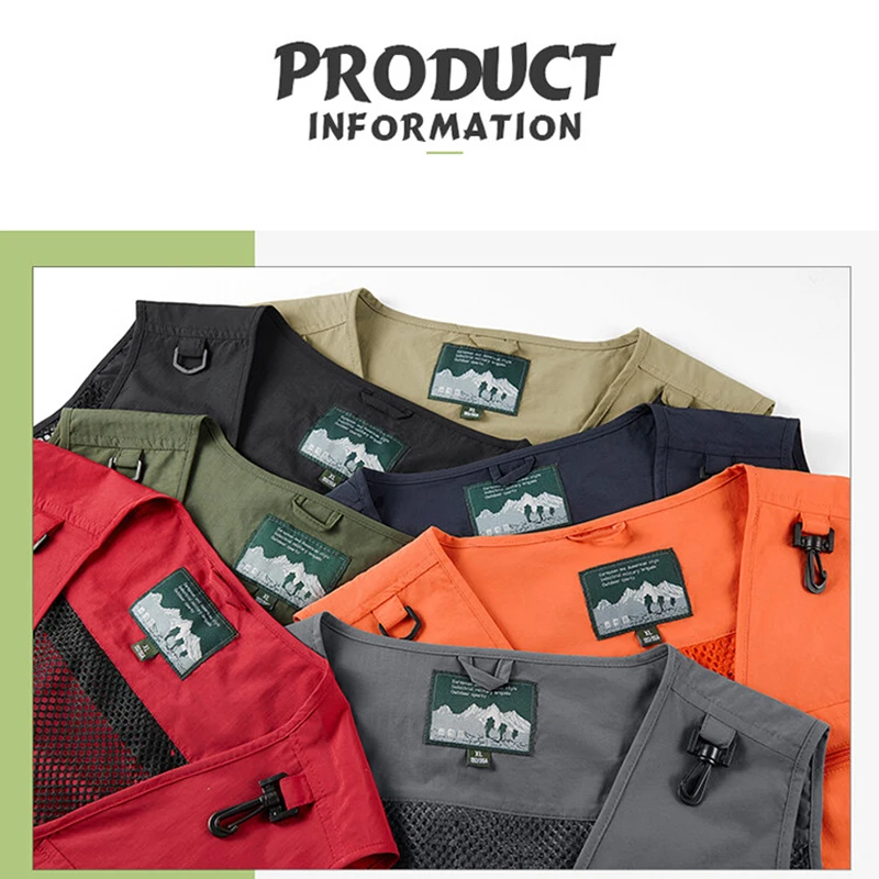 Men's Outdoor Fishing Vest Solid Color Breathable Vest Men's Multi-Pocket Hunting Vest Mountaineering Camping Sleeveless Coat