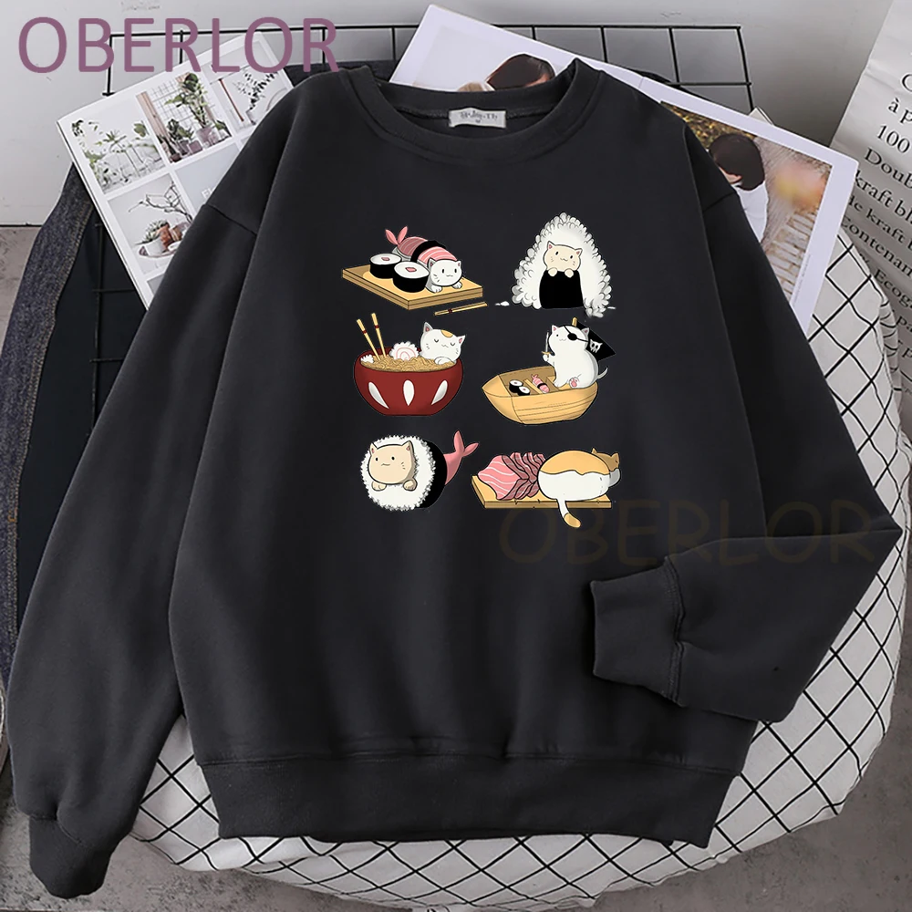 

Новые толстовки с капюшоном и принтом суши-кошки в стиле Харадзюку, женская спортивная одежда с круглым вырезом и мультипликационным рисун...