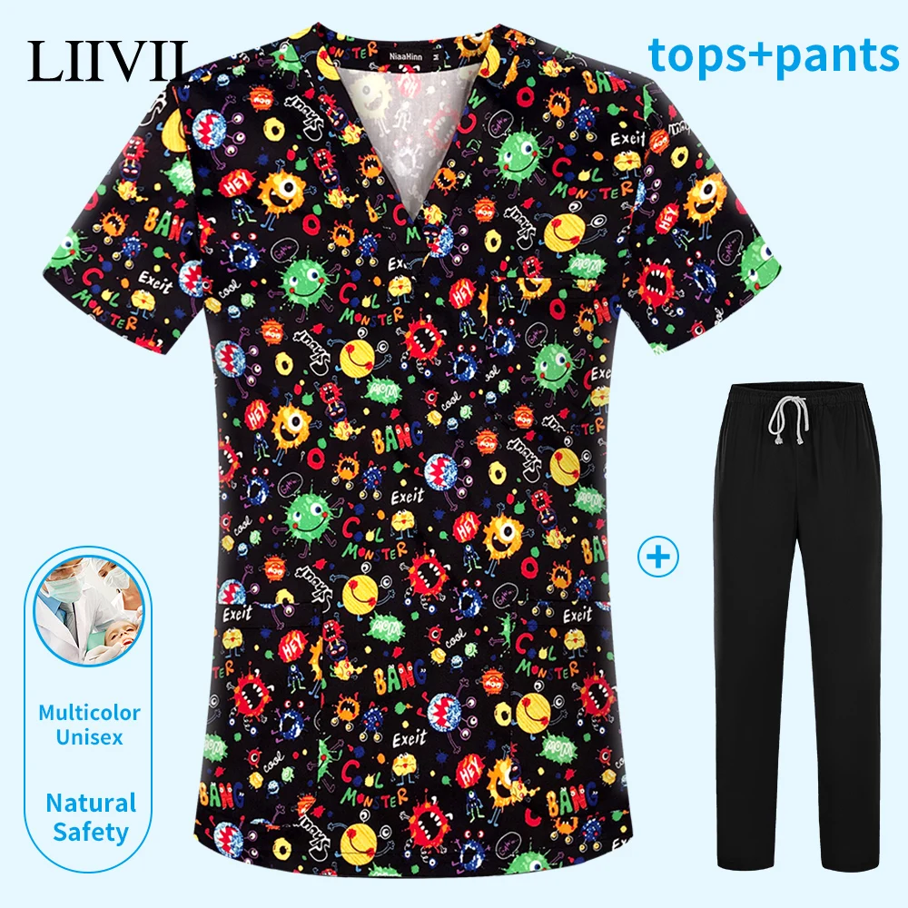 

Surgery Tops Cartoon Print Medical Clothing Surgical Shirt for Women and Men Scrubs Women Workwear Dental Clinic Nursing Uniform