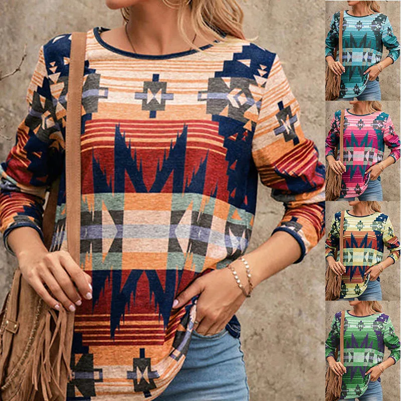

2023 Fashion New Women's Sweet Long Sleeve Top Shirt Loose Casual V Neck Print