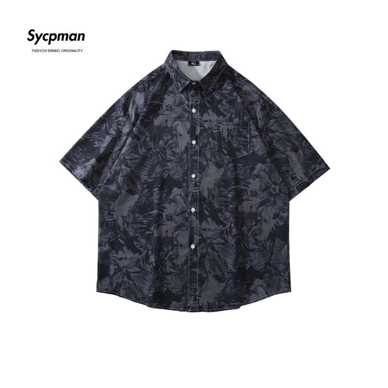 Sycpman Trendy Retro Full Print Short Sleeved Shirt Summer Loose Casual Floral Shirts Jacket for Men
