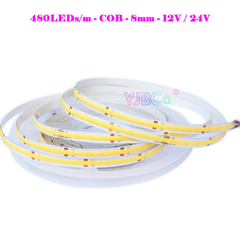5M single color Flexible COB LED Strip 480LEDs/m 12V 24V White/Warm white/Natural White/Blue/Red/Green Soft Light Tape 8mm PCB