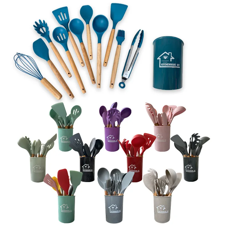 

2022 11PCS Silicone Cooking Utensils Set Non-stick Spatula Shovel Wooden Handle Cooking Tools Set With Storage Box Kitchen Tools