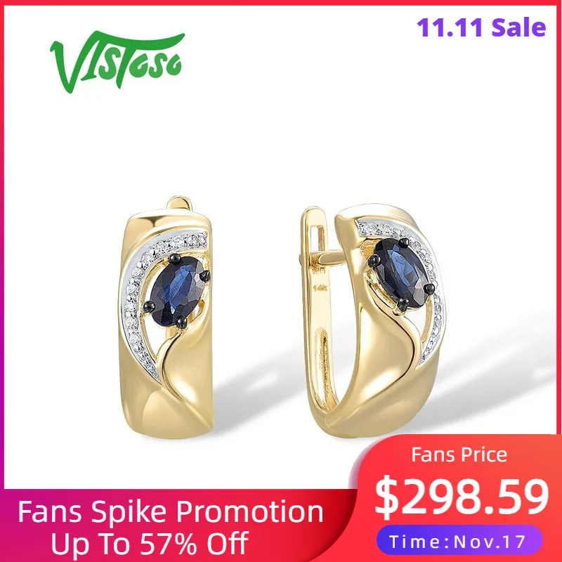 

VISTOSO Genuine 14K 585 Yellow Gold Latch Back Earrings For Women Blue Sapphire Diamond Wedding Anniversary Elegant Fine Jewelry