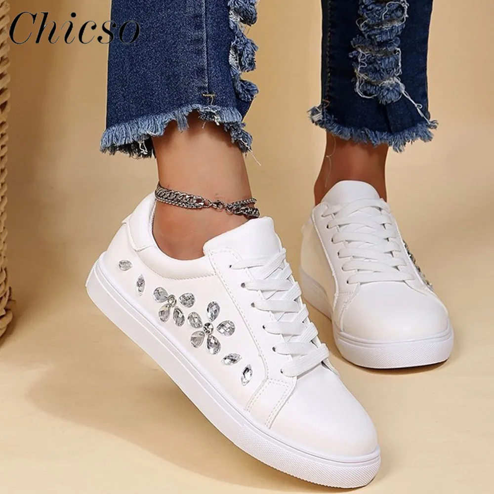 

Women's Vulcanized Shoes 2022 Spring Autumn Rhinestone Lace Up Ladies Comfy Loafers 35-42 Large-Sized Female Sport Sneaker