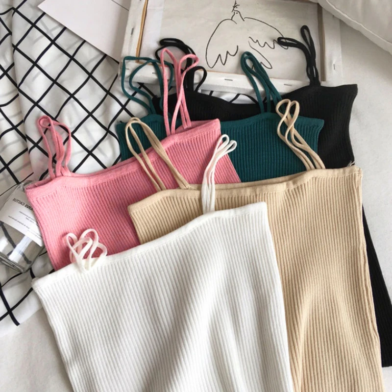 

Women Korean Style Rib Knit Sleeveless Camisole Double Spaghetti Strap Off Shoulder Crop Tube Top Solid Color Inner Wear Sling