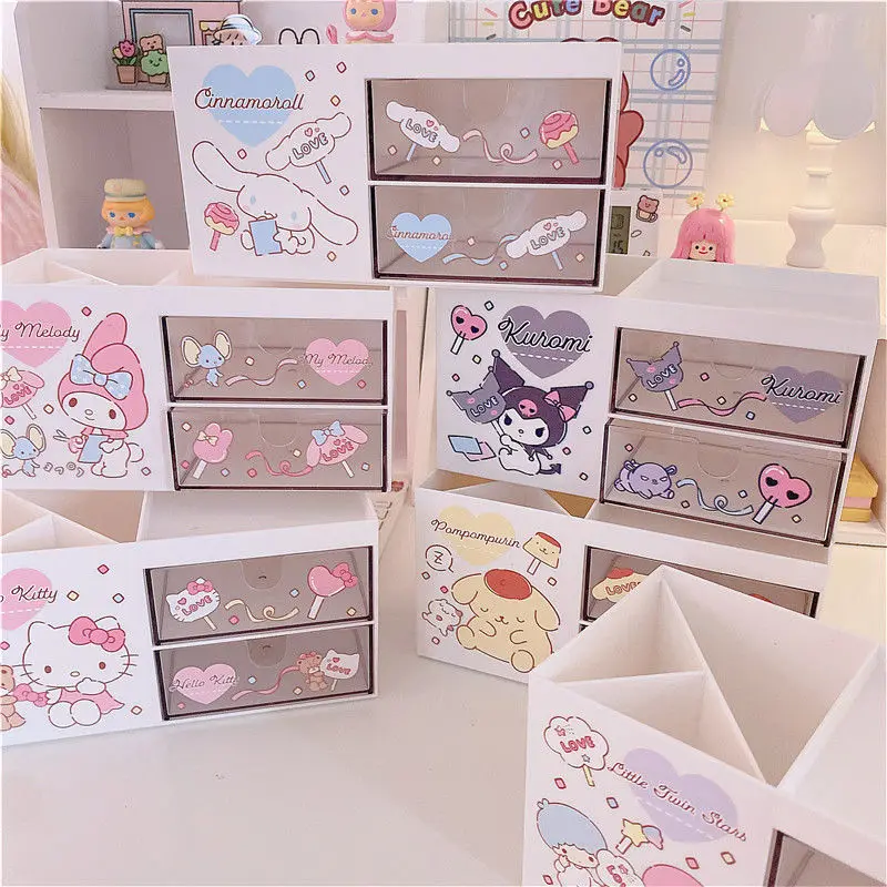 

Sanrio Anime Kawaii Kuromi My Melody Desktop Double Drawer Cute Cartoon Cinnamoroll Little Twin Stars Stationery Storage Box Toy