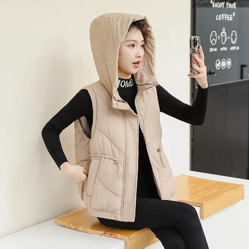 

Beardon Women's Autumn Winter Vest 2023 New Korean Edition Hooded Solid Shoulder Versatile Slim Waist Down Cotton Waistcoat