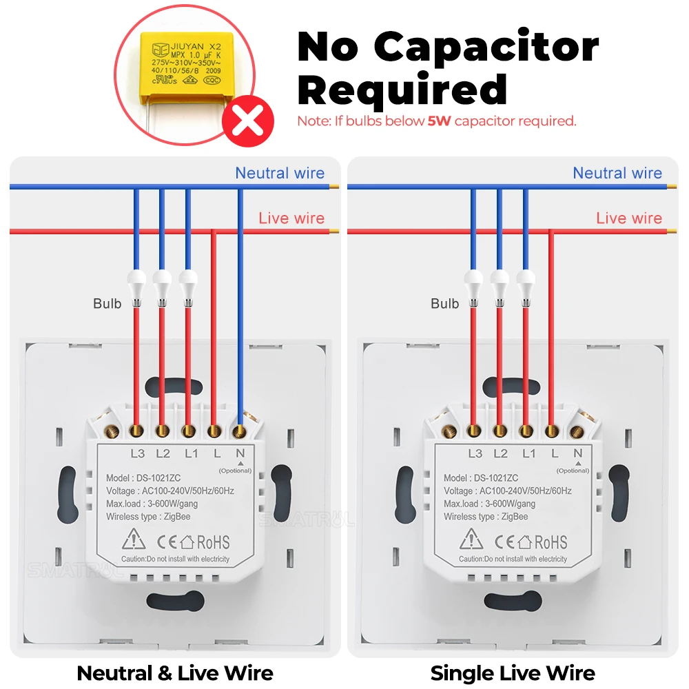 Умный выключатель Tuya Zigbee переключатель без нейтрального провода конденсатора