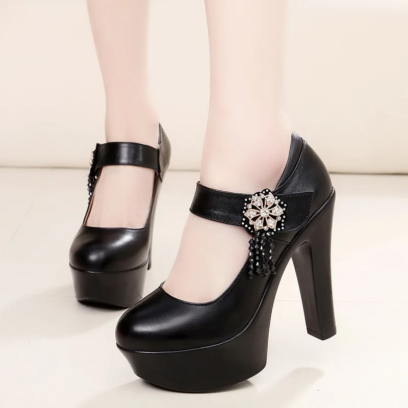 

Genuine Leather 13CM High Heel Round Head Shallow Mouth Thick Heel Waterproof Platform Tassel Rhinestones Show Model Shoes