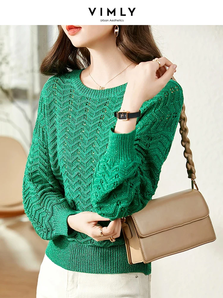 

VIMLY Sweaters for Women 2022 Autumn Elegant Loose Korean Soft Hollow Out Long Sleeve Knitted Green Top Pull femme Clothes V1318