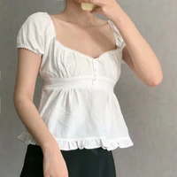 girls soft cotton square collar blouse 2022 summer fashion ladies sweet slim t shirt female solid color short t shirt top