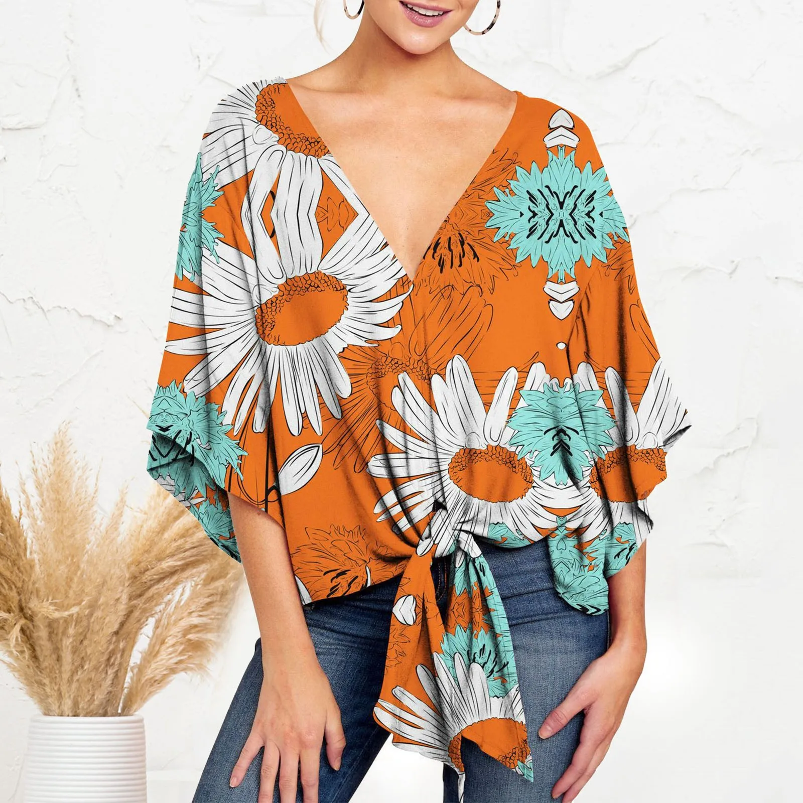 

Женская блузка с коротким рукавом, V-образным вырезом и цветочным принтом