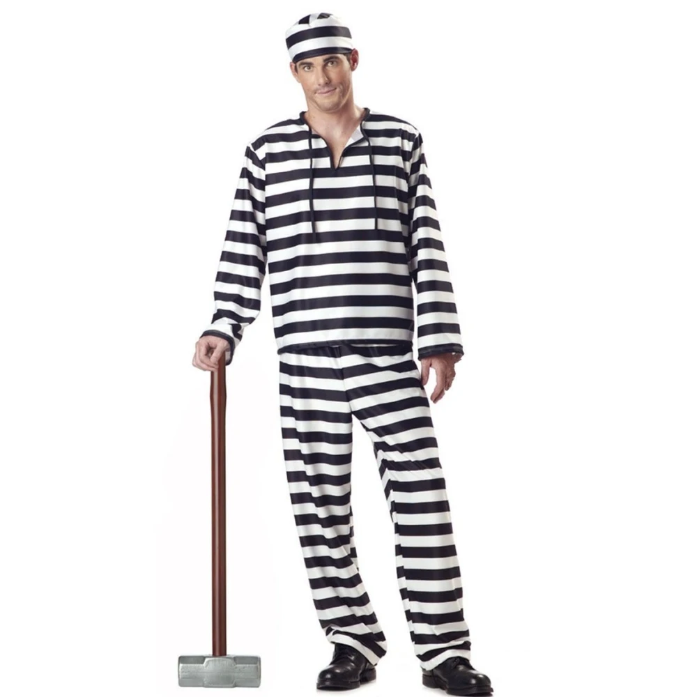 

Women Men Fashion Halloween Prisoner Cosplay Costumes 2023 Spring Striped Two Pieces Set or Dress Plus Hat Adult Carnival Party