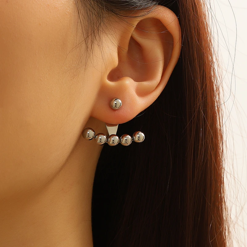 

925 Silver Stud Earrings Geometric Round Beads Earrings Women's Unusual Earrings Personality Girls Party Ear Jewelry Gift