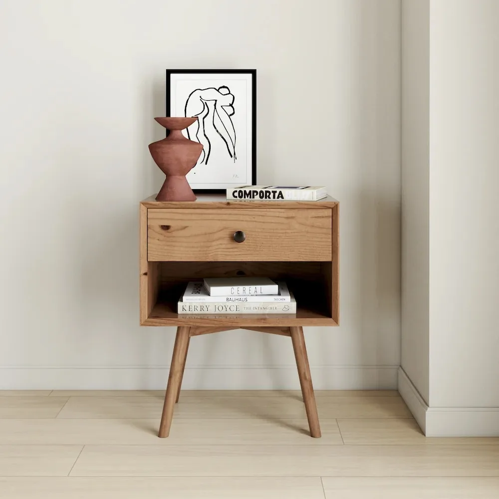 

Walker Edison Mid Century Modern 1-Drawer Nightstand, Natural Pine