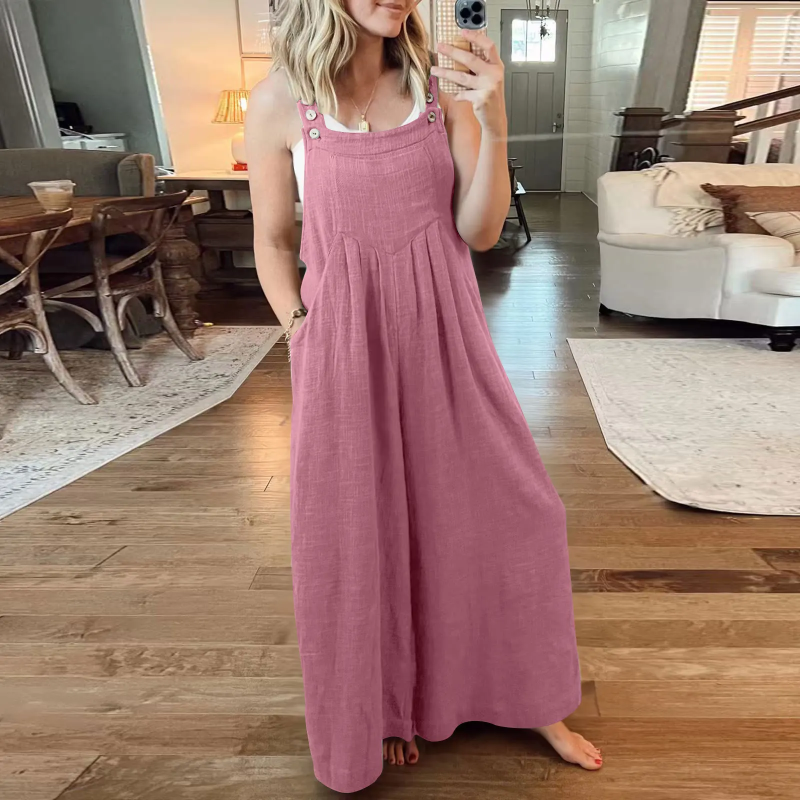 Women's Cotton Linen Loose Fitting Casual One Piece Wide Leg Shoulder Strap Pants Female Fashionable And Versatile Solid Color