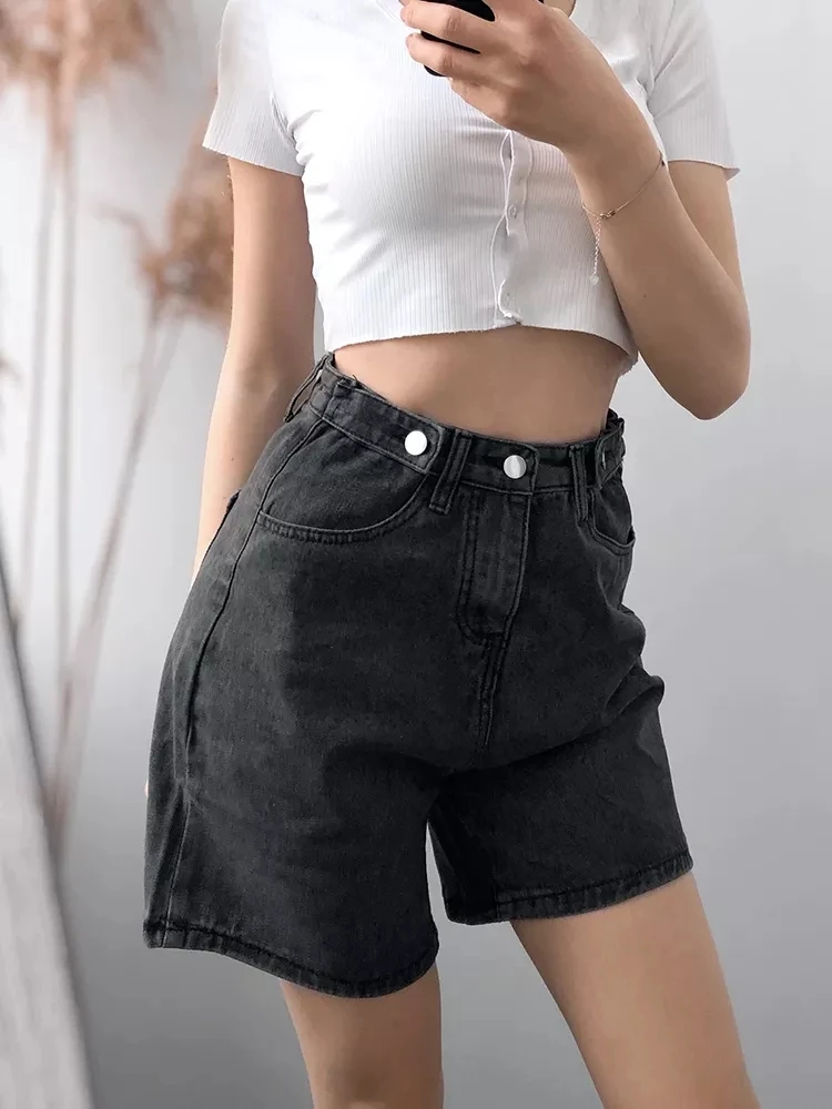 New Summer Women's Vintage High Waist Button Wigh Leg Jeans Shorts Casual Female Loose Fit Blue Denim Shorts Korean