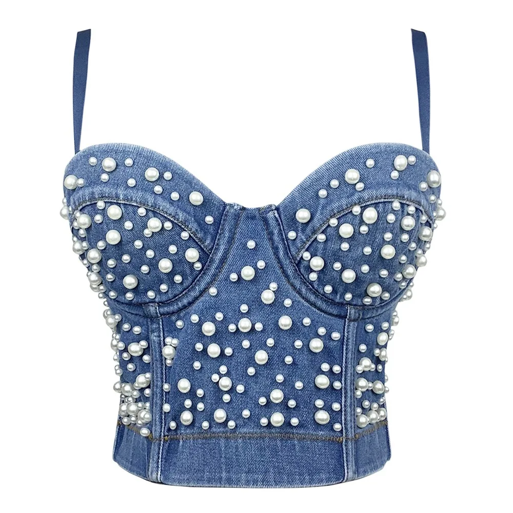 

SXTHAENOO 2023 New Summer Bra Bustier Denim Berlian Pearl Hand Embroidery Jeans Kamisol Tali Spaghetti Klub Malam Brale Pesta