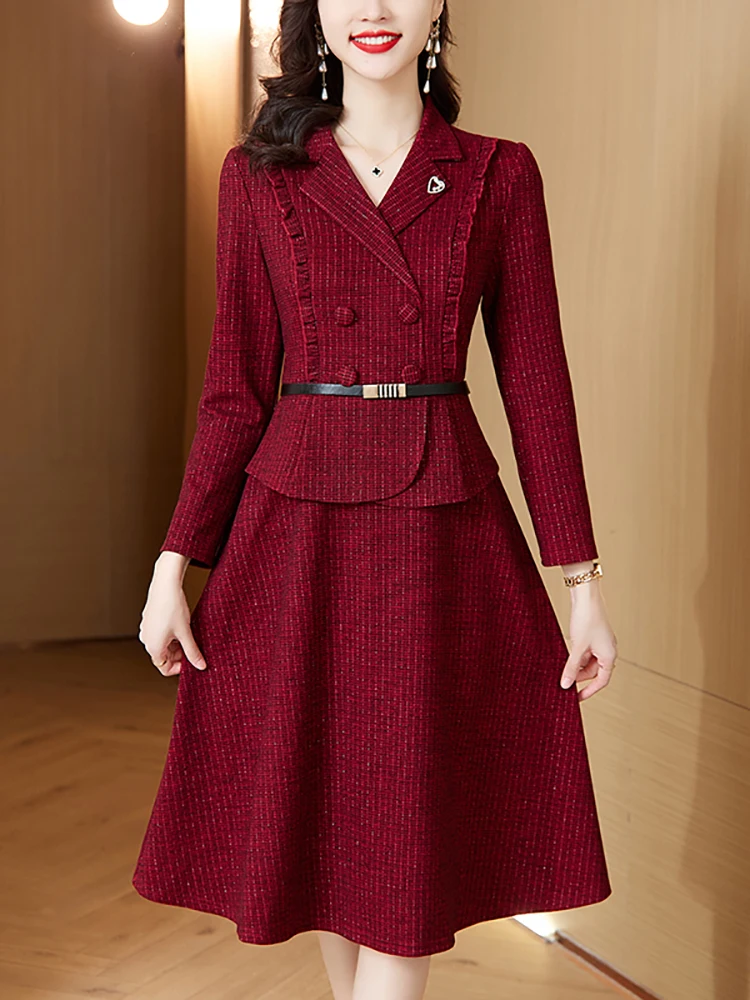 Autumn Winter Red Long Sleeve Midi Suit Dress Women Fashion Patchwork Fake Two Piece Dress 2023 New Korean Elegant Bodycon Dress