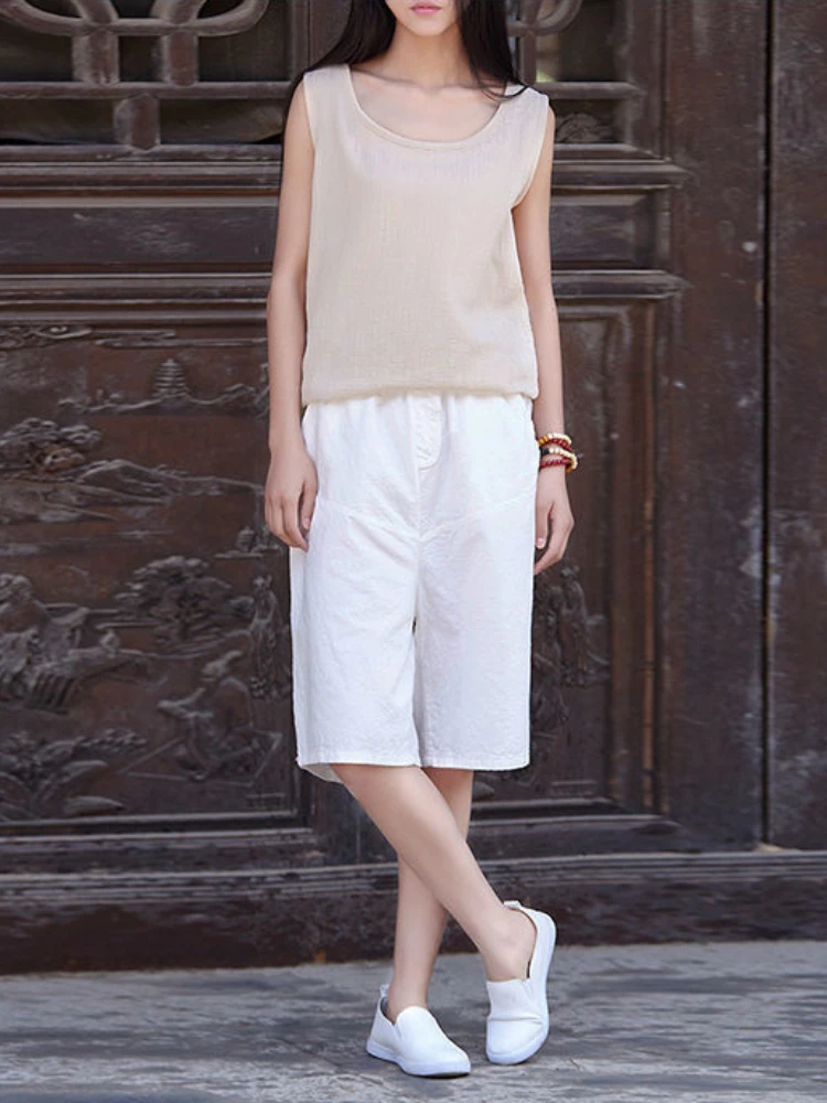 

Women's 2022 Summer New Loose High Waist Five Points Wide Leg Pants Solid Color Linen Casual Straight Pants Pleated Oversized
