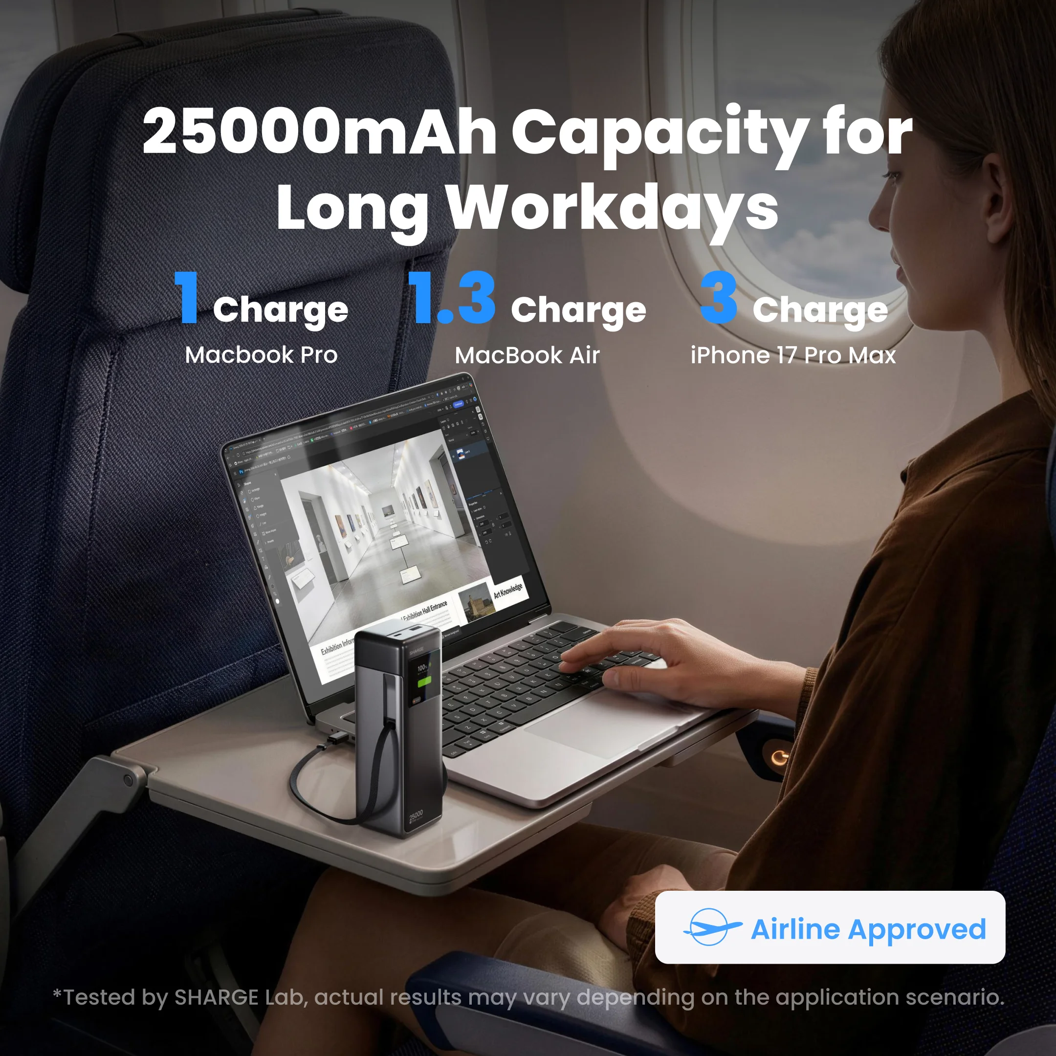 Фото Внешний аккумулятор SHARGE HyperTower 170W 25,000 мАч для ноутбуков с портами USB-C 100W и встроенными выдвижными кабелями для MacBook, iPhone 17, Galaxy S26 №3