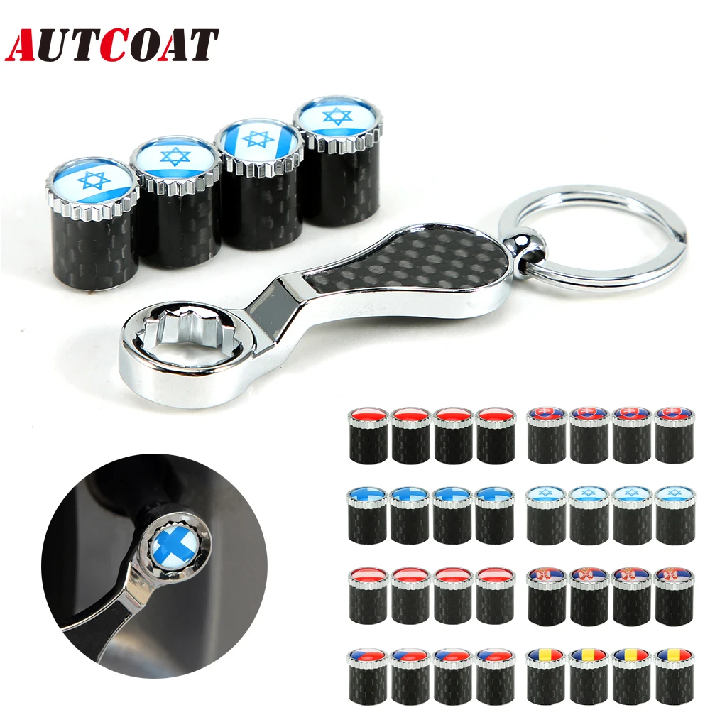 

AUTCOAT National Flag Style Alloy Anti-theft Car Wheel Tire Valve Caps Stem Air+1Pcs Carbon Fiber Wrench Auto Car Accessories