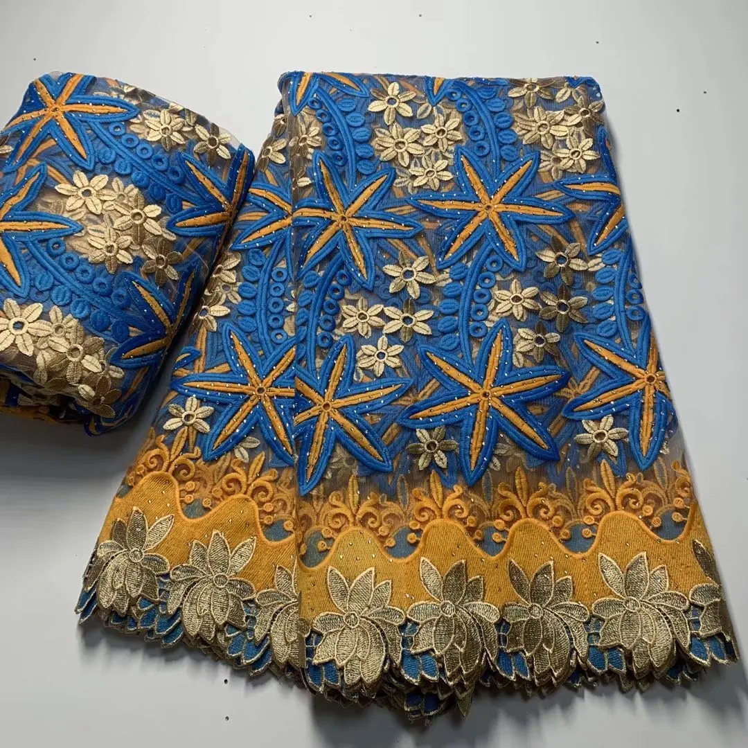 

2022 High Quality French Wedding Dress Material African Lace Fabric Flowers Embroidered With Rhinestones Nice Swiss Tissu 5Yards
