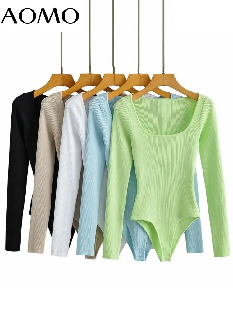 

AOMO 2022 Autumn Winter Women Sexy Solid Knit Bodysuit Square Neck Long Sleeve Female Overalls Sweater Bodysuits LK38A
