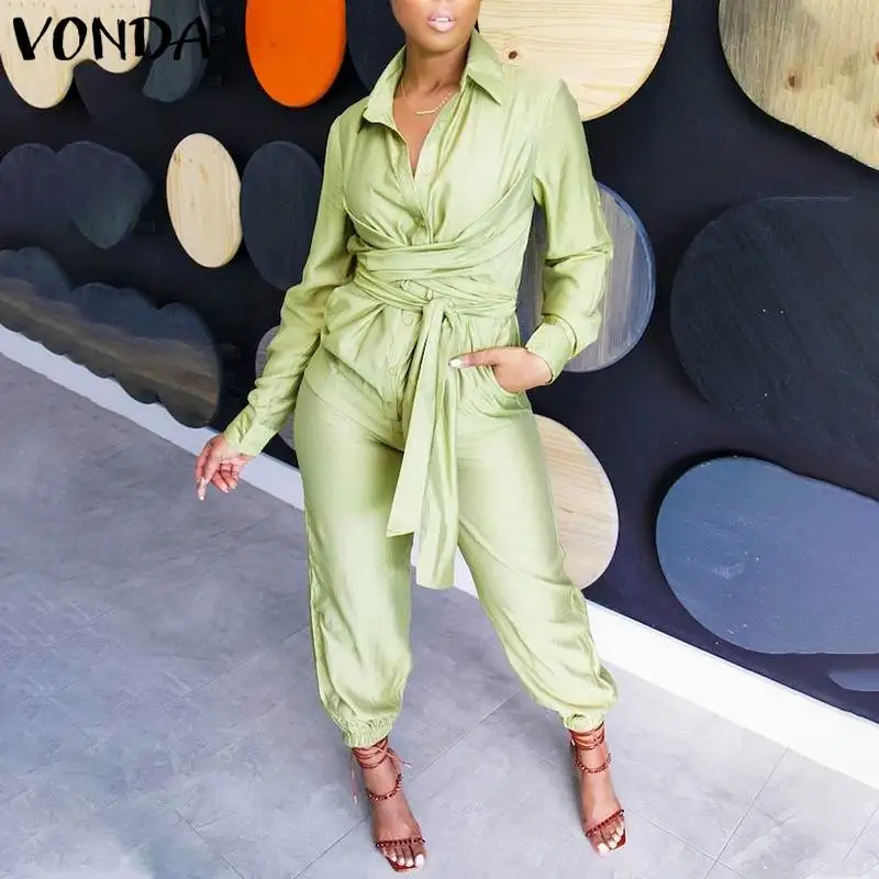 

VONDA Elegant Casual Rompers Femme Solid High Waist Harem Pants Autumn Cargo Pants Oversize Women Long Sleeve Jumpsuits Overalls