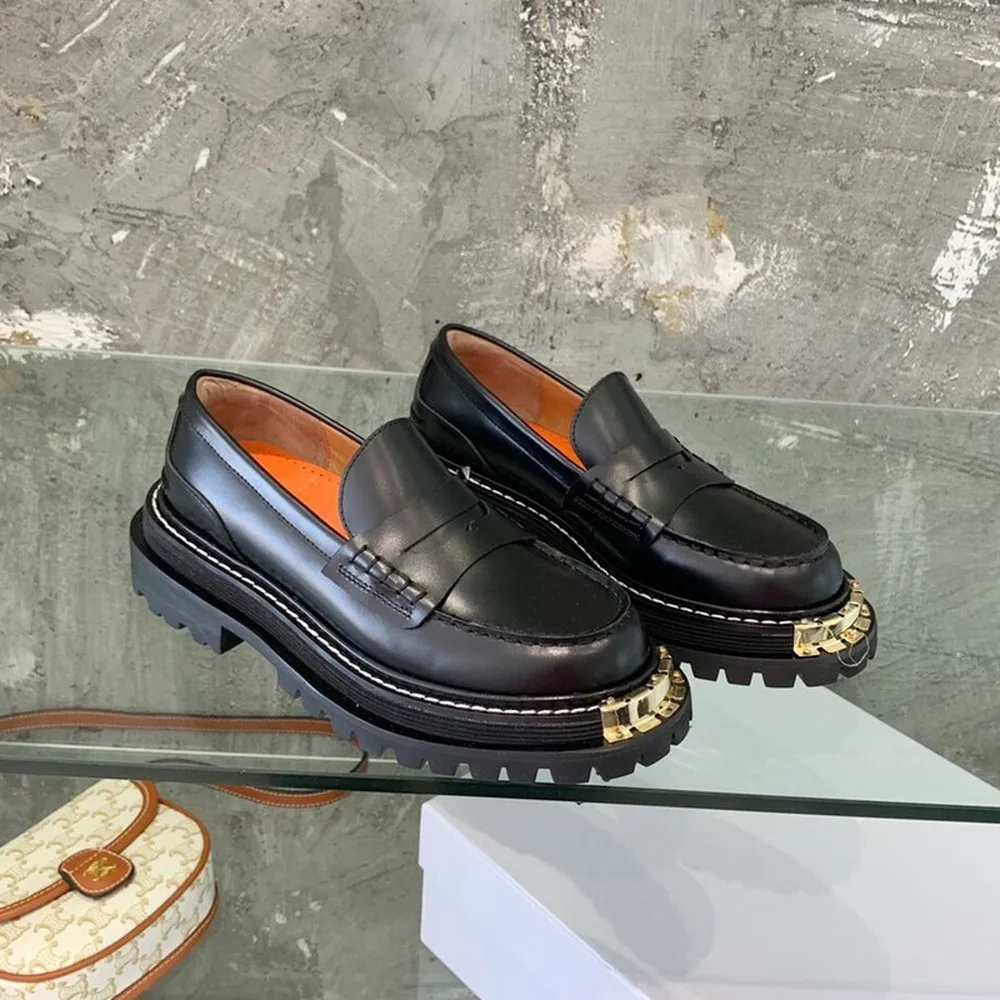 New large gold tooth thick bottom muffin loaf shoes women's autumn metal leather round head shallow mouth British casual shoes