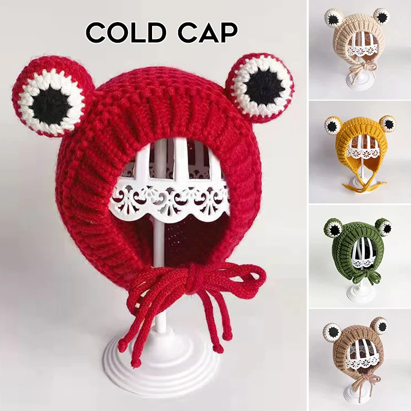 

Baby Unisex Knitted Hat Winter Headband Hat Cute Cartoon Frog Large Eyes Earflap Cap Photo Props Hats New ALS88