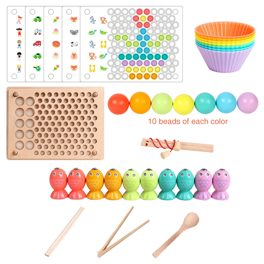 

Rainbow Bead Fish Ornament Training Toy Board Wooden Go Games Set Funny Inspired For Kids Clip Smooth Early Education Gift