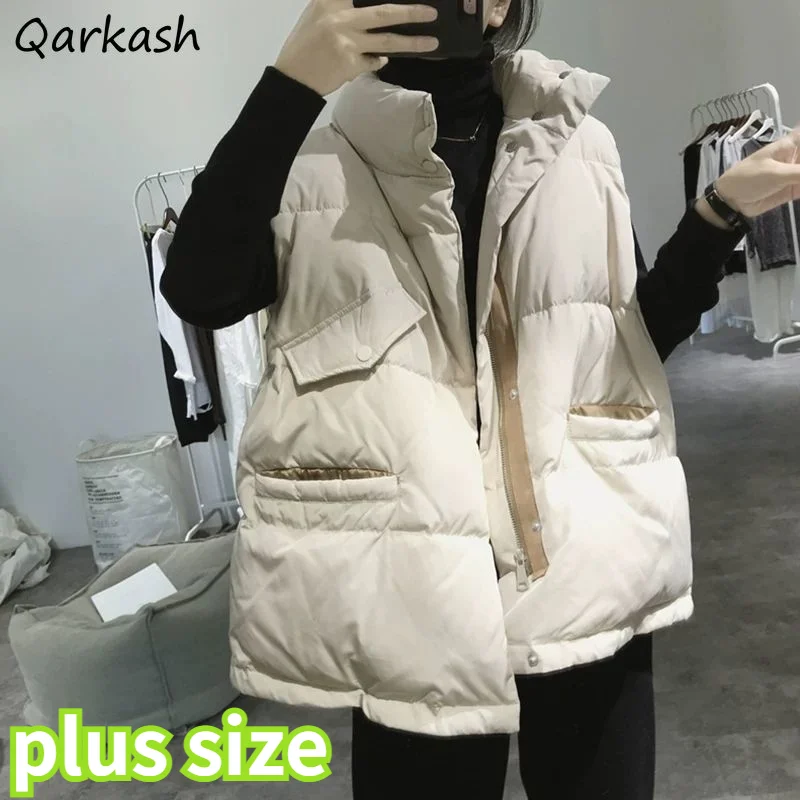 

Women Vests Multi-pockets Button Sleeveless Winter Waistcoats Preppy Style Warm Zip-up M-5XL Couple Korean Windproof All-match