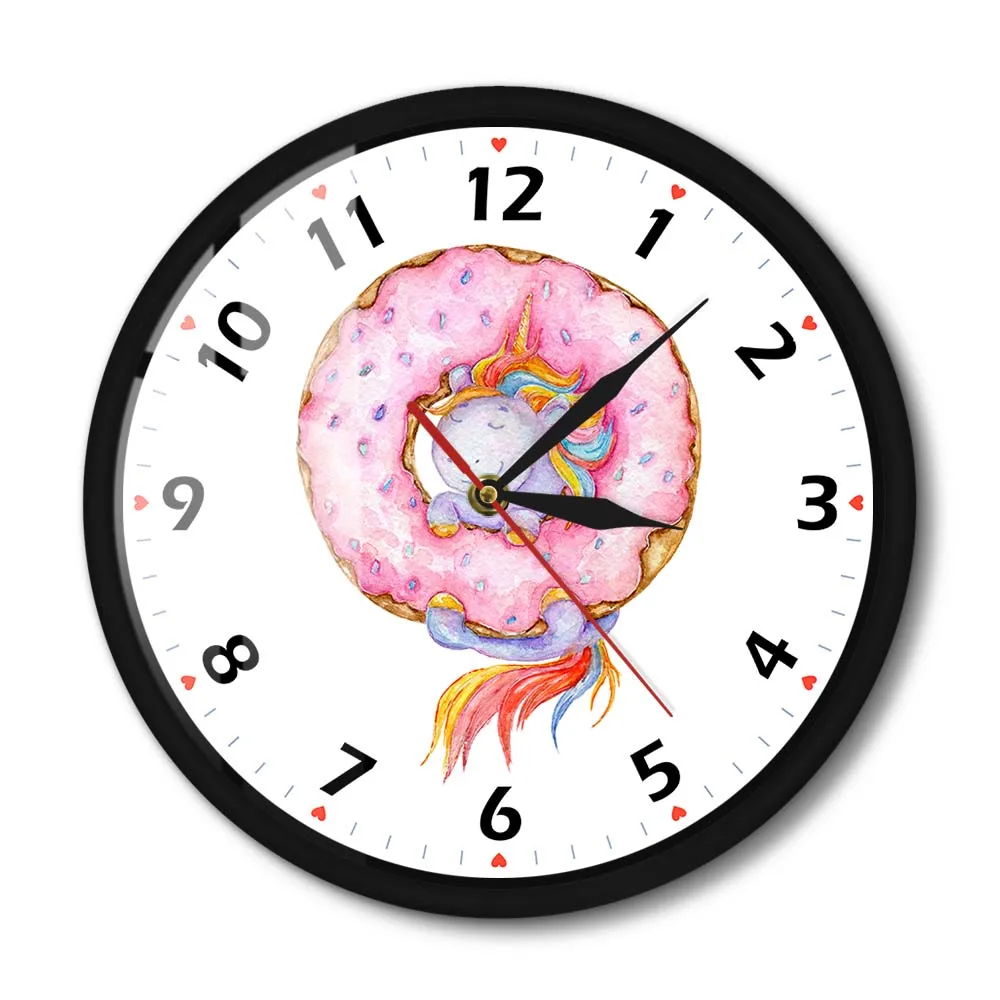 

Cute Cartoon Unicorn Modern Metal Frame Wall Clock Silent Wall Art Unicorn Donut Artwork Colorful Wall Watch Girl Room Decor