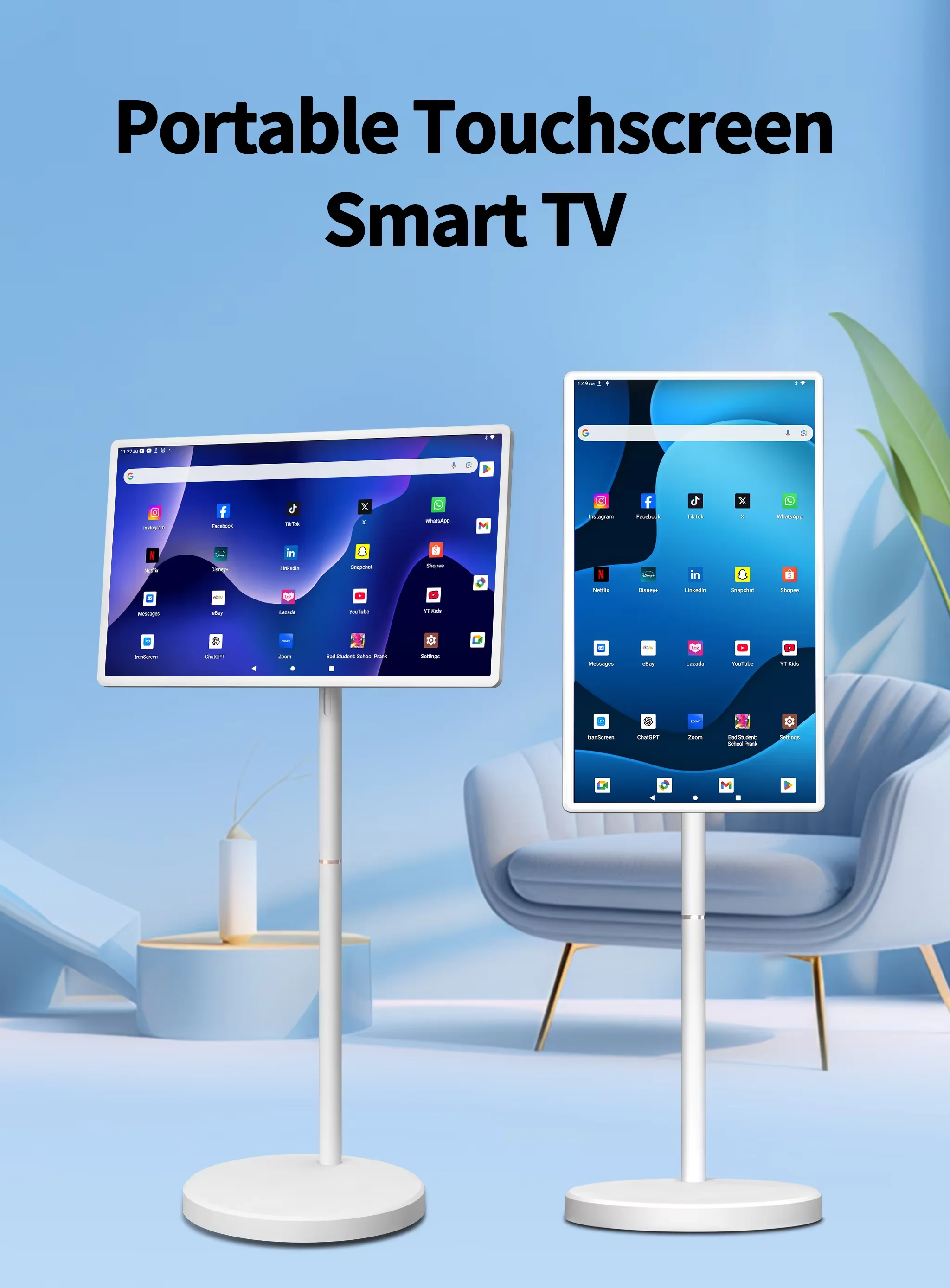 Фото 32-дюймовый Android 15 Smart TV, напольная подставка для планшета 6G+128G с пультом дистанционного управления, видеозвонок с камерой 2K, встроенный аккумулятор емкостью 148 Вт №3