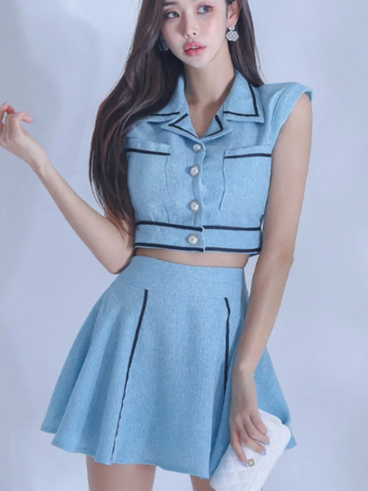 

Small Fragrance Two Piece Set Women Short Shirt Crop Top + Mini Skirt Sets Korean Fashion OL Work Wear Summer 2 Piece Suits