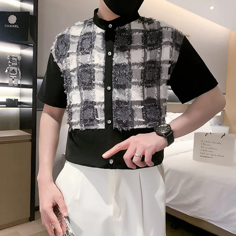 

Мужская летняя рубашка с коротким рукавом/фирменная одежда для мужчин с воротником-стойкой из вискозы, деловые рубашки, Мужская Повседневная рубашка с подбором цветов