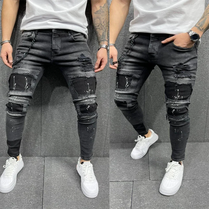

Black Ripped Skinny Jeans Men Slim Trousers Fashion Print Patch Distressed Jeans Male Casual Destroyed Frayed Denim Pencil Pants